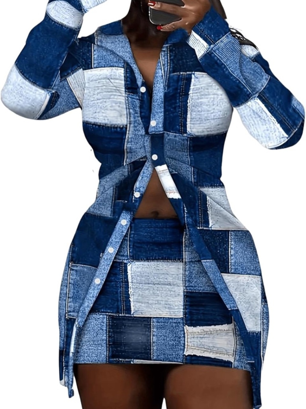 Blue Patchwork Button-Down Shirt Dress